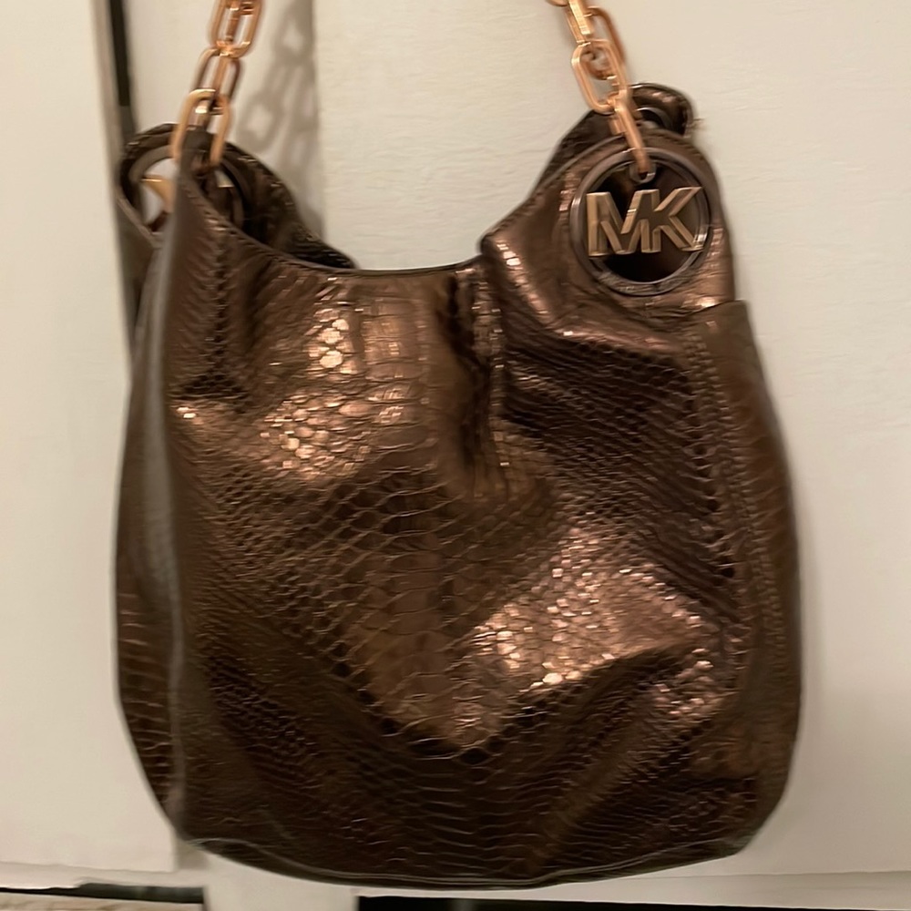NWOT Michael Kors Fulton Leather Bronze Python Snake Rose Gold Bag Purse MINT!